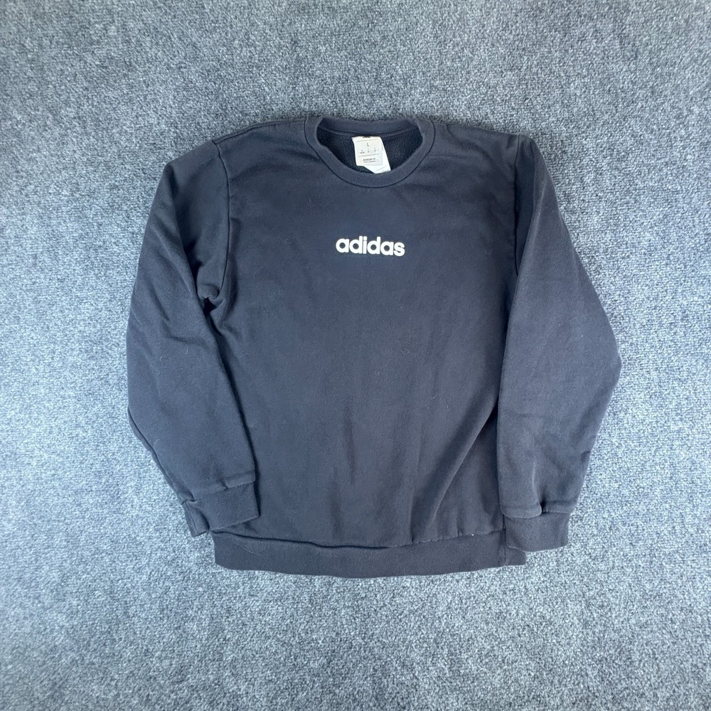 Adidas Sweatshirt Boys Large Black Logo Fleece‎ Lined Cotton Crew Neck Winter